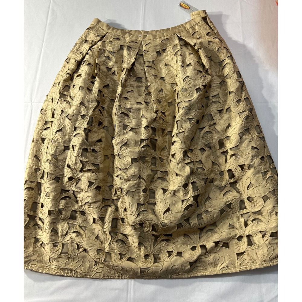 Talbots Petites NWT Pure Silk Floral Cut Out Overlay Skirt Gold Tan 8P